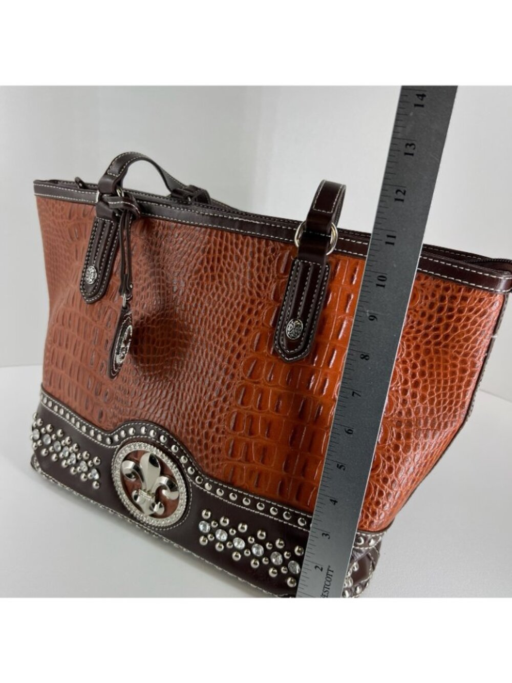 Silverake Shoulder Tote Bag Fleur De Lis Rhinestone Studded Croc Textured Brown - Picture 9 of 16
